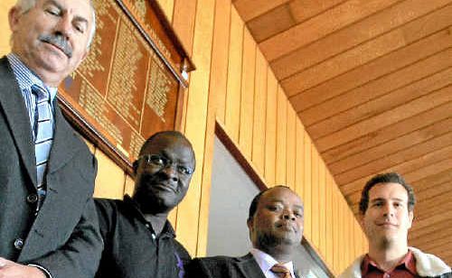 Tweed Shire Council general manager Mike Rayner welcomes Kenyan High Commissioner Stephen Tarus and Tweed Kenya Mentoring Project co-ordinator Olita Ongonjo to the launch of Safewater Four with senior construction engineer Nigel Dobson.